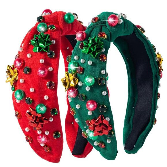 Christmas Headbands Set for Women Pearl Rhinestone Red Green Holiday Party Acces main image 5